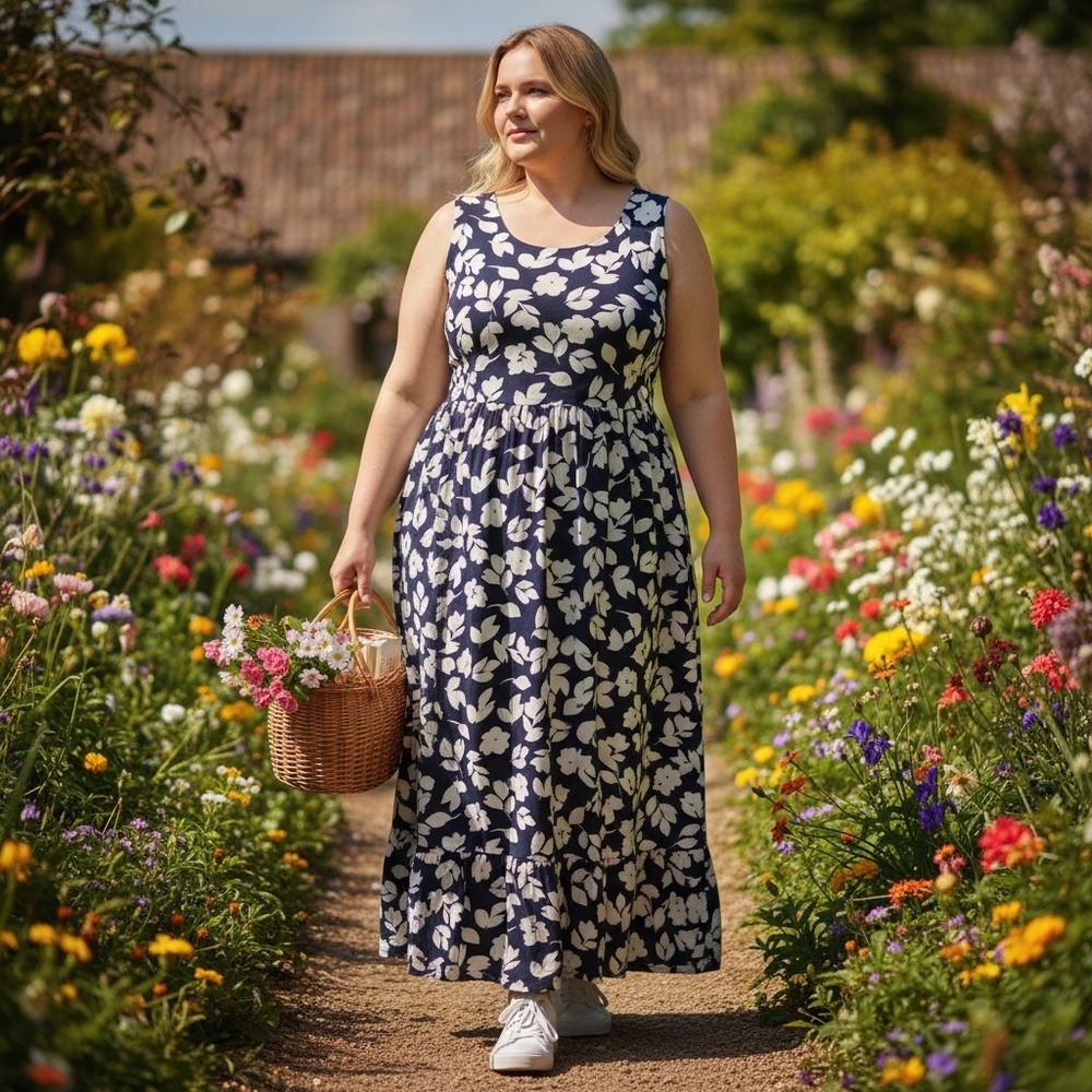 London Times Woman Navy White Floral Sleeveless Maxi Dress 3X NWT
